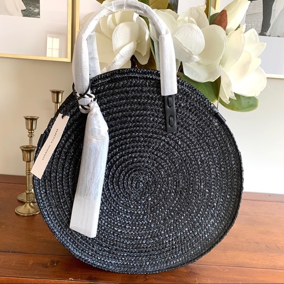 REBECCA MINKOFF STRAW Woven Black Circle Beach Large Tote Crossbody Tote - Picture 4 of 13